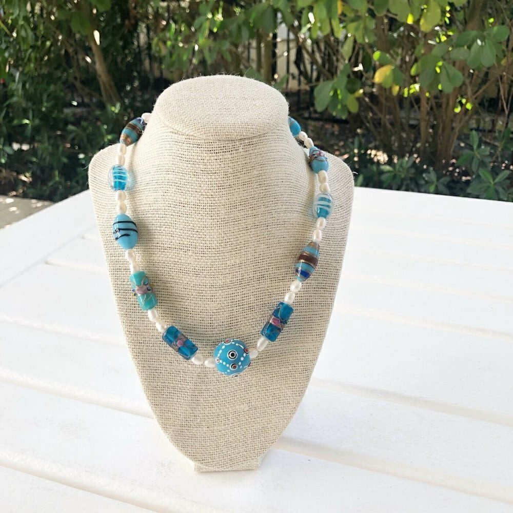NWT Genuine Murano Glass & Pearls Beaded Necklace Blue White